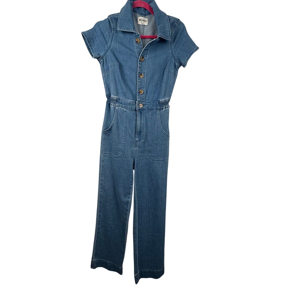 Show Me Your Mumu Denim Utility Jumpsuit MED Short Sleeve Button Front Boho